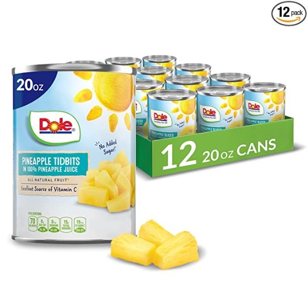 Canned Pineapple Tidbits in 100% Fruit Juice, 20 Oz, 12 Count