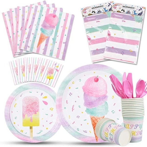 Ice Cream Party Supplies Set - Ice Cream Popsicle Party Tableware for Girls Kids Birthday Baby Shower Disposable Tablecloth Plates Paper Cups Napkins Cutlery Bag Utensils Serves 16 Guests 130PCS