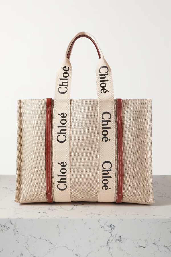 Woody large leather-trimmed cotton-canvas tote