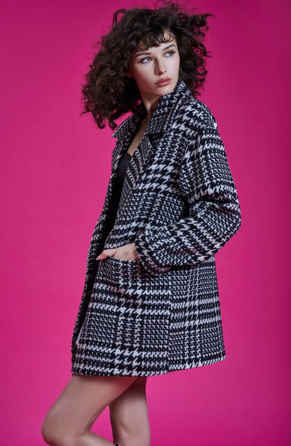 Houndstooth Plaid Oversize Wool Blend Coat