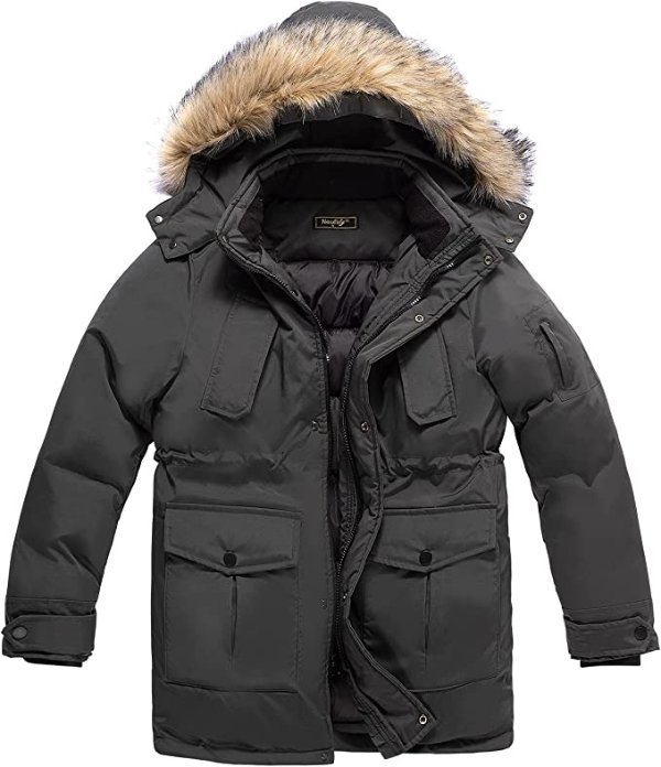Men's Winter Thicken Cotton Parka Jacket Casual Warm Coat with Removable Hood