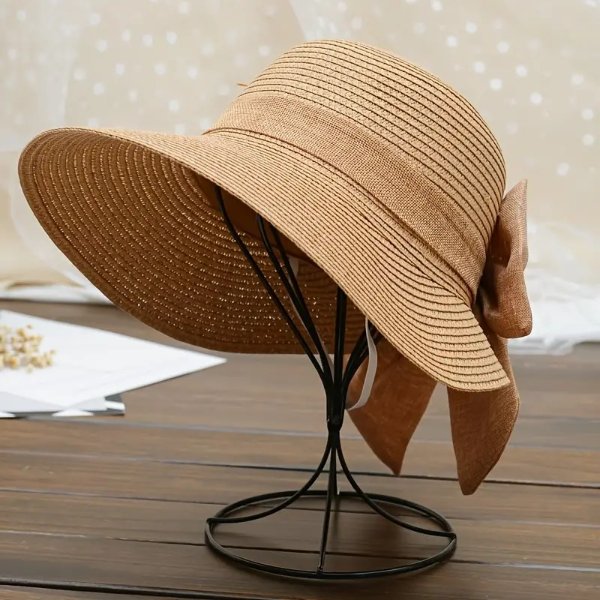 Bowknot Decor Sun Hat Wide Brim Straw Hats Summer UV Protection Sunshade Beach Hats Suitable For Travel Holiday