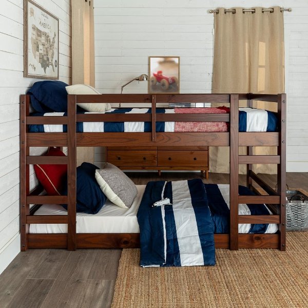 Transitional Solid Wood Twin Over Twin Low Bunk Bed - Walnut