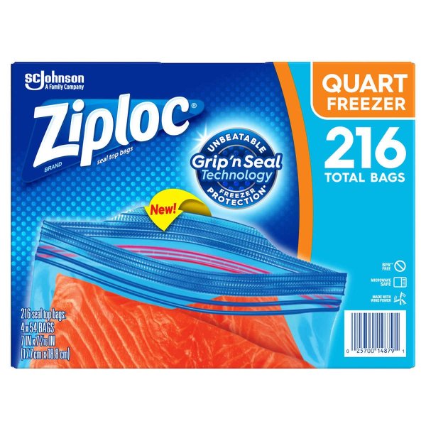 Double Zipper Freezer Bag, Quart, 54-count, 4-pack