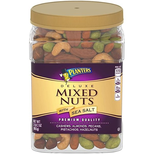 Deluxe Salted Mixed Nuts, Resealable Canister - Contains Cashews, Almonds, Pecans, Pistachios & Hazelnuts Seasoned with Sea Salt, 2 lb 2oz. (34 oz)