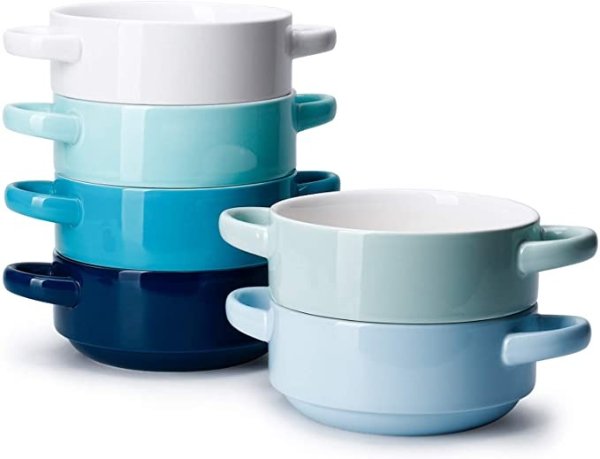 108.003 Porcelain Bowls with Handles - 20 Ounce for Soup, Cereal, Stew, Chill, Set of 6, Cool Assorted Colors