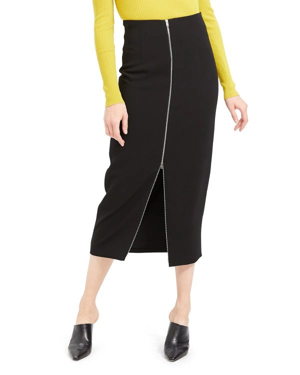 High-Waist Zip-Front Crepe Midi Skirt