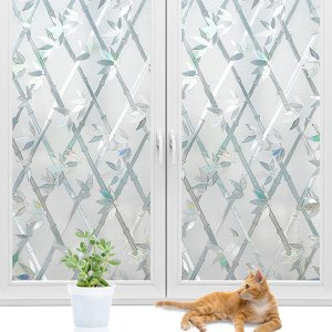 bofeifs Window Privacy Film Etched Bamboo Rainbow Window Clings 3D Non-Adhesive Stained Glass Window Film