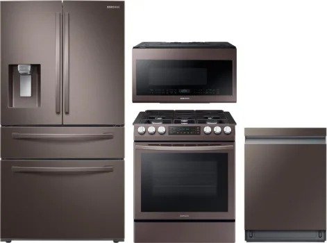 Samsung SARERADWMW4106 4 Piece Kitchen Appliances Package with French Door Refrigerator, Gas Range, Dishwasher and Over the Range Microwave in Tuscan Stainless Steel