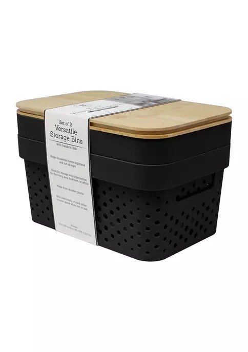 Set of 2 Small Plastic Bins with Bamboo Lids