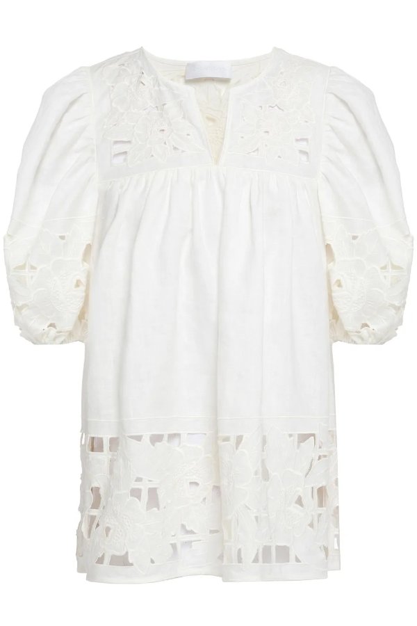 Juno embroidered laser-cut linen blouse