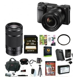 Sony Alpha a6000 Mirrorless Digital Camera (Black) with 16-50mm & 55-210mm Lenses and 128GB SDXC Accessory Bundle