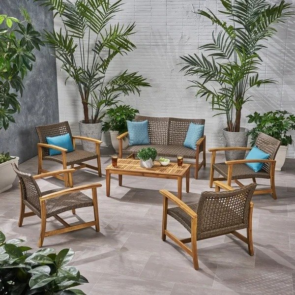 Hampton Outdoor 6 Piece Wood and Wicker Chat Set by Christopher Knight Home - Natural Finish
