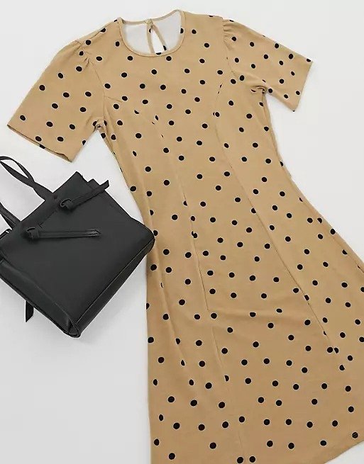 ASOS DESIGN Petite mini tea dress in camel with black dots