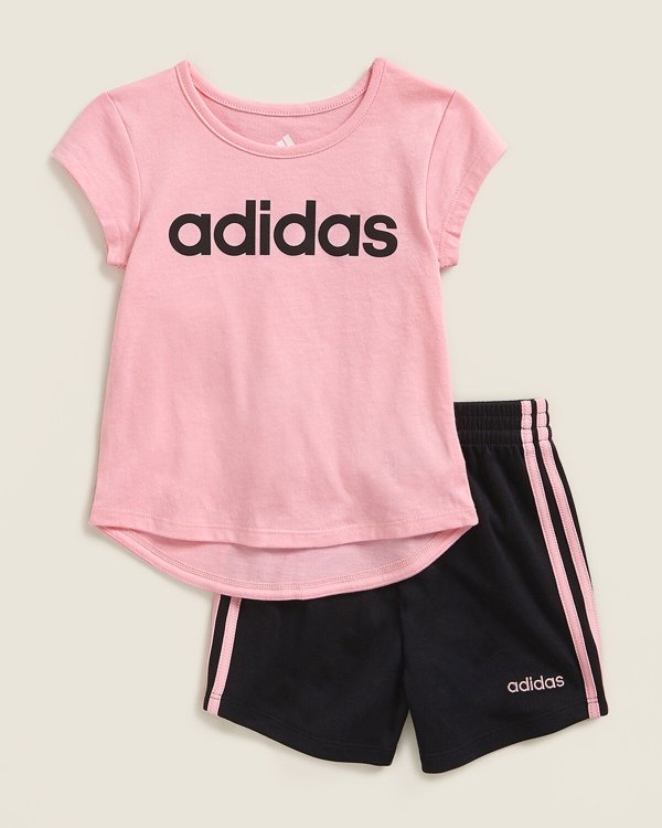 (Newborn/Infant Girls) Two-Piece Short Sleeve Logo Tee & 3-Stripe Shorts Set