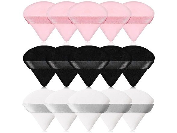 36 Pack Cosmetic Powder Puff,2.76 inch Portable Soft Sponge Setting Face Puffs,Triangle Velvet Powder Puff with Ribbon Band Handle for Loose Powder Body Powder Makeup Tool(Black,White,Light Pink)