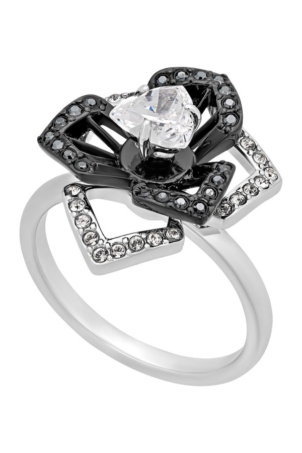 Linda Two-Tone Black & Clear Swarovski Crystal Floral Ring - Size 7