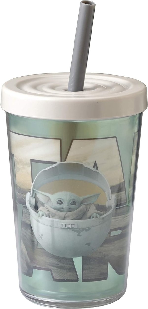 Star Wars The Mandalorian Double Wall Tumbler with Lid and Straw Made of Break-Resistant Plastic (Baby Yoda/The Child, 13oz, BPA Free) (SWSD-V540)