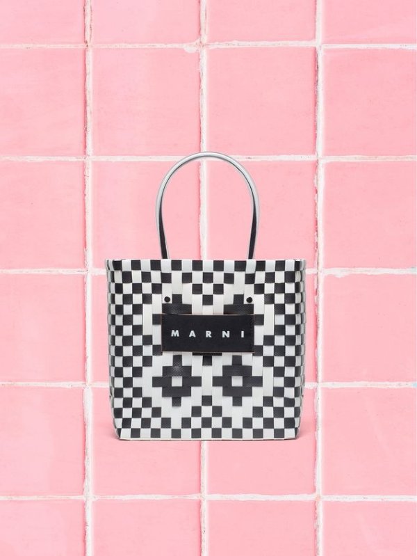 MARKET White And Black Squared Shopping Bag In Woven Polypropylene from the Marni Fall/Winter 2019 collection | Marni Online Store
