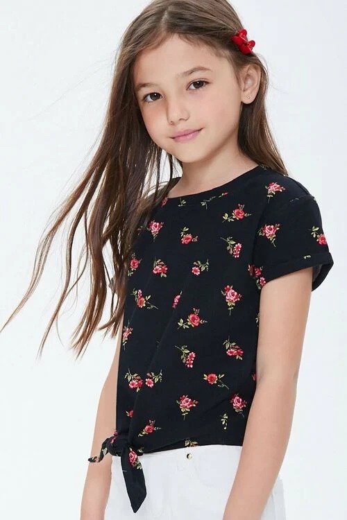 女童花朵图案短袖T恤