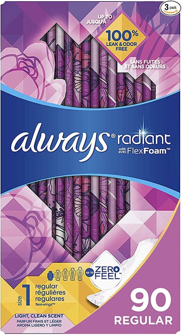 Radiant Feminine Pads for Women, Size 1, 90 Count, Regular Absorbency, Light Clean Scent (30 Count, Pack of 3 - 90 Count Total)