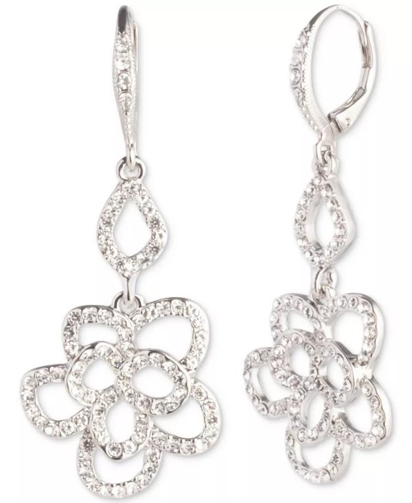 Silver-Tone Crystal Floral Double Drop Earrings