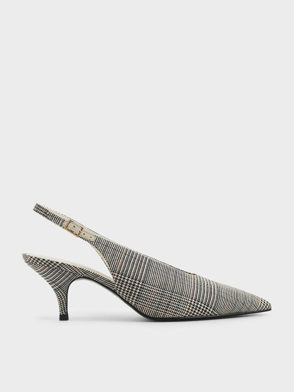 Light Grey Check-Print Pointed Toe Slingback Court Shoes | CHARLES &amp; KEITH