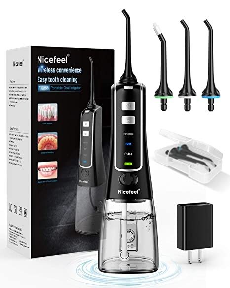 Cordless Water Flosser Teeth Cleaner, Nicefeel 300ML USB Rechargable Portable Oral Irrigator for Travel,Home 3-Modes IPX7 Waterproof Water Dental Flosser with 4 Jet Tips for Braces and Teeth Whitening
