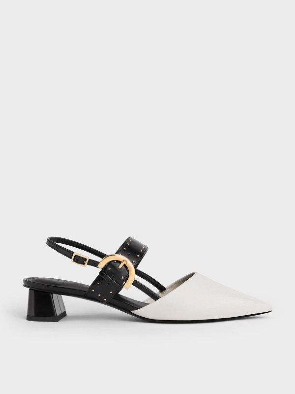 Chalk Studded Buckled Slingback Pumps | CHARLES & KEITH