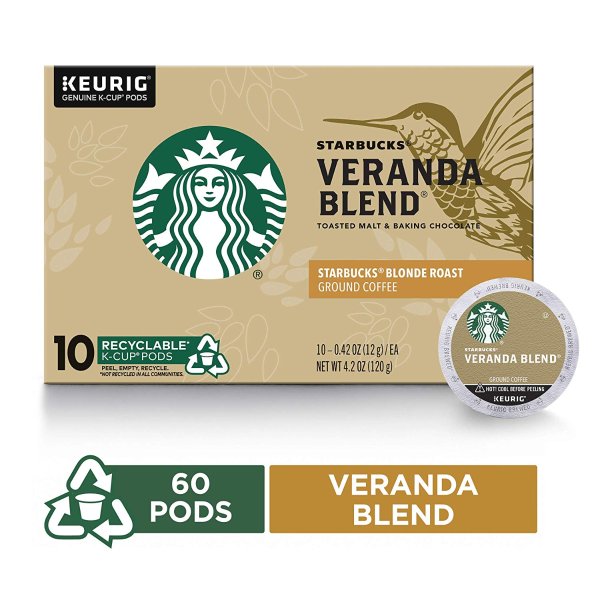 Veranda Blend Blonde Roast Single Cup Coffee for Keurig Brewers, 10 Count K-Cup Pods, Pack of 6