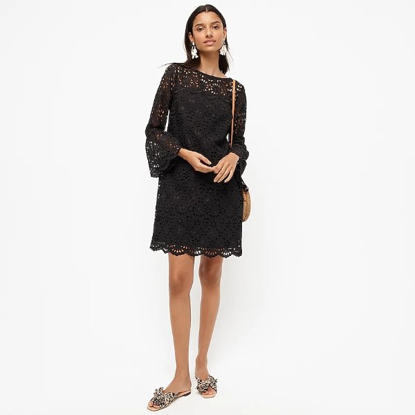 Bell-sleeve dress in embroidered eyelet