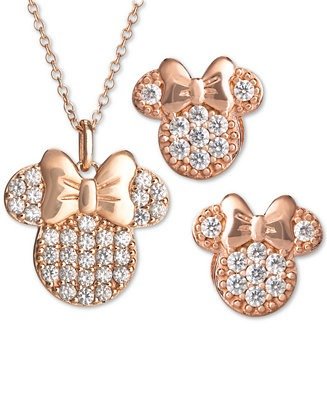 Children's 2-Pc. Set Cubic Zirconia Pave Minnie Mouse Pendant Necklace & Matching Stud Earrings in 18k Rose Gold-Plated Sterling Silver