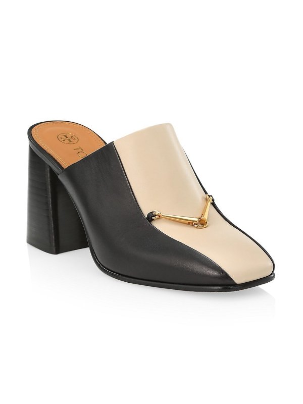 Equestrian Link Square-Toe Colorblock Leather Mules
