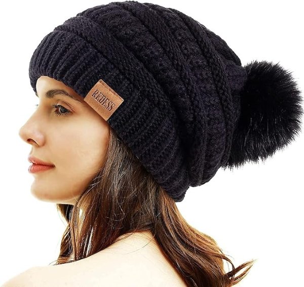 Women Winter Pom Pom Beanie Hat with Warm Fleece Lined