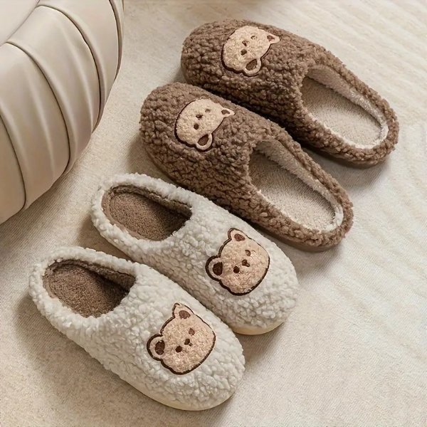 Cute Bear Winter Plush Slippers, Closed Toe Slip On Flat House Shoes, Cozy & Warm Home Floor Slippers