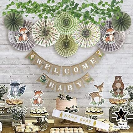 YARA Woodland Baby Shower Decorations | Boy & Girl Gender Neutral Forest Animal Decor for Showers & Birthdays | Party Kit with Rustic Burlap Welcome Baby Banner, Creature Cut Outs & Fans, Ivy Garland