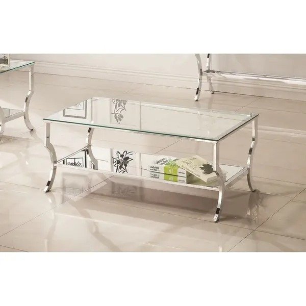 Contemporary Chrome Glass Top and Mirror Shelf Coffee Table - 47.25" x 23.50" x 19.25"