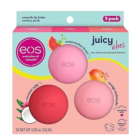 eos Juicy Vibes Lip Balm Variety Pack- Watermelon Frose, Mango Melonade & Coconut Milk, All-Day Moisture Lip Care Products, 0.25 oz, 3-Pack