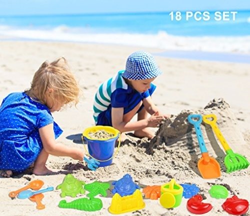 18 Piece Beach Sand Toy Set, Bucket, Shovels, Rakes, Watering Can, Molds