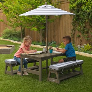 KidKraft Outdoor Wooden Table & Bench Set with Cushions and Umbrella, Kids Backyard Furniture, Gray and White Stripes