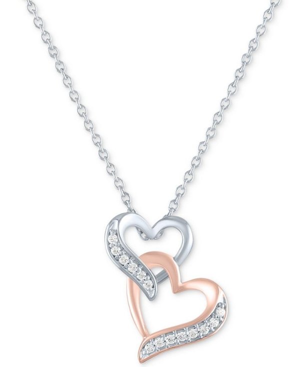 Diamond Double Heart Pendant Necklace (1/10 ct. t.w.) in Sterling Silver & 14k Rose Gold-Plate, 16" + 2" extender
