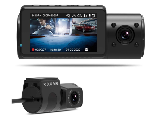 N4 Dual Dash Cam 3通道1440P前部&1080P内部&1080P后部三台仪表摄像机，带红外夜视功能，超级电容，24小时停车模式，运动检测，超大支持256GB。