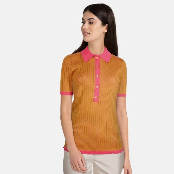Ladies Knit Tops Solid Ochre Colorblock Ribbed Polo Shirt
