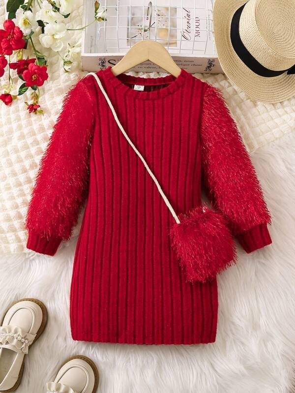 Kids Cooltwn Young Girl Fuzzy Sleeve Ribbed Knit Dress With Bag