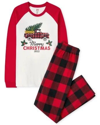 Unisex Adult Matching Family Christmas Long Raglan Sleeve 'Merry Christmas 2022' Cotton Top And Fleece Pants Pajamas | The Children's Place - RUBY