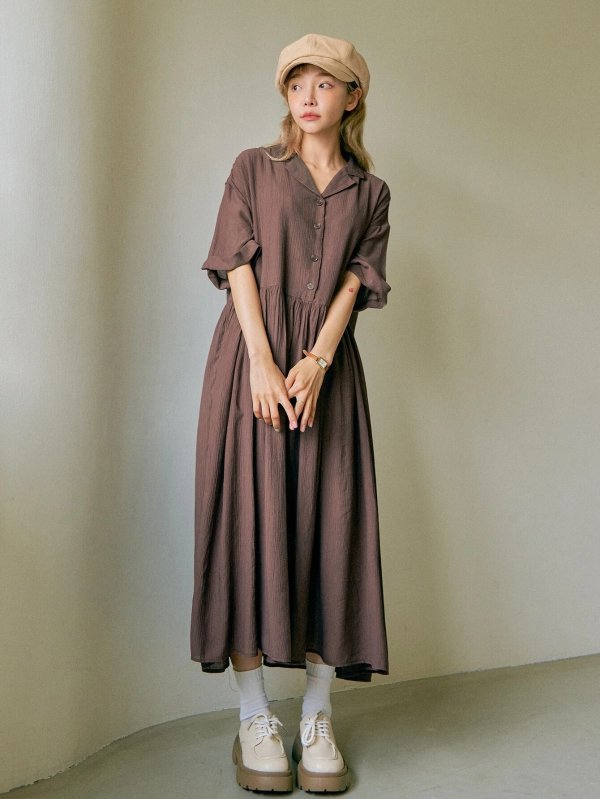 DAZY Button Front Roll Up Sleeve Smock Dress