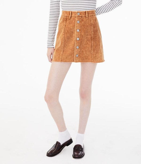 High-Rise Button-Front Corduroy Skirt