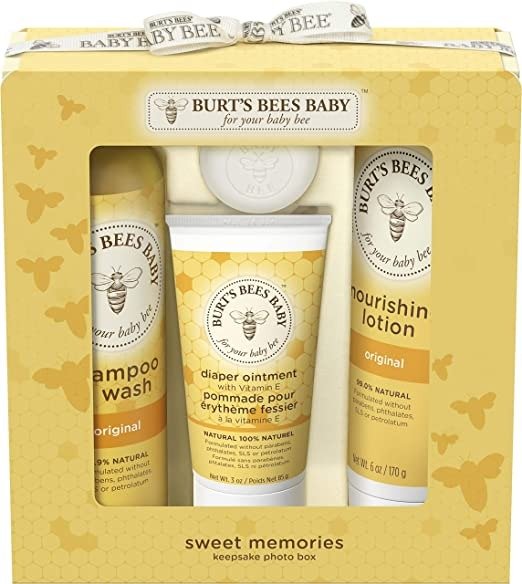Burts Bees Baby Sweet Memories Gift Set with Keepsake Photo Box, 4 Baby Products Shampoo & Wash, Lotion, Diaper Rash Ointment and Soap
