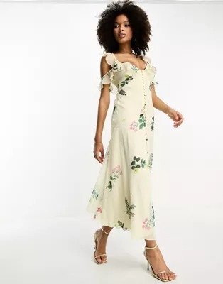 ASOS DESIGN multi flutter sleeve ruffle midaxi dress with button detail in lemon floral print