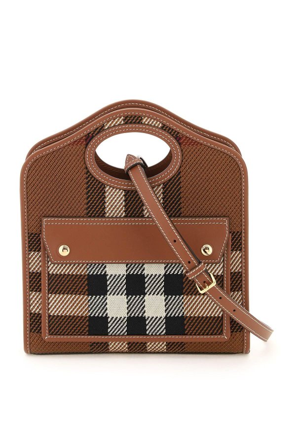 knitted check and leather pocket bag